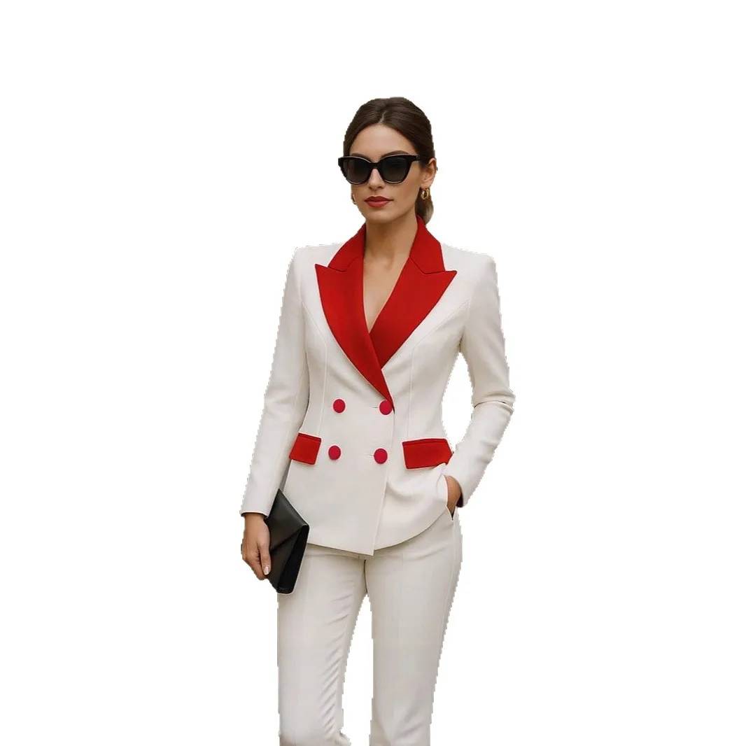 Women's Patchwork Long Sleeve Suit Jacket Set - Autumn/Winter Polyester Blend, Comfortable Casual Commute Style, Double-Breasted, Color Block, Petal Sleeves - Image 5