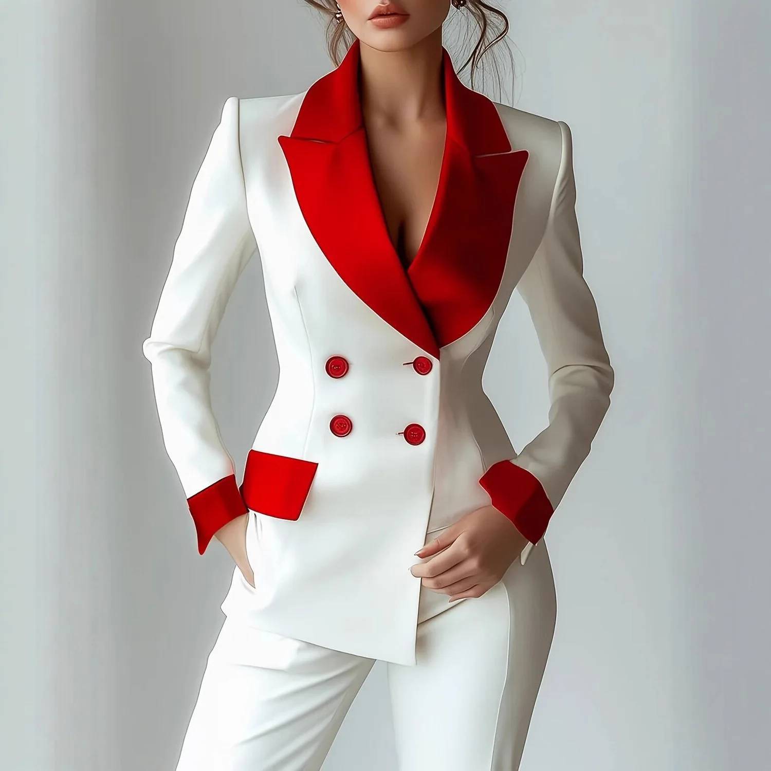 Women's Patchwork Long Sleeve Suit Jacket Set - Autumn/Winter Polyester Blend, Comfortable Casual Commute Style, Double-Breasted, Color Block, Petal Sleeves - Image 4