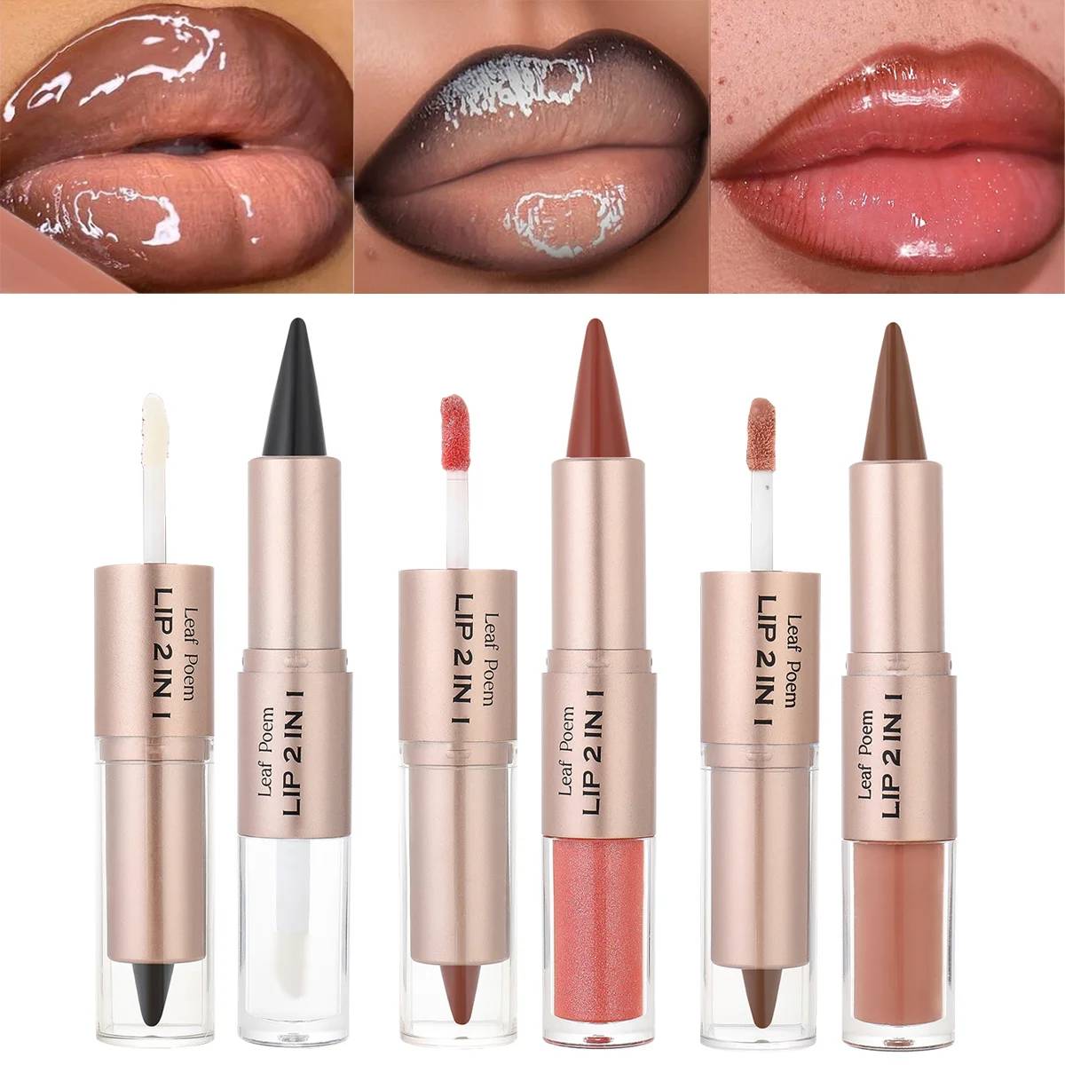 2-in-1 Gradient Lipliner Pen & Lip Gloss - Nude Brown Matte Lip Liner with Mirror Finish, Waterproof, Non-Stick, Long-Lasting Makeup for Stunning Lips - Image 2