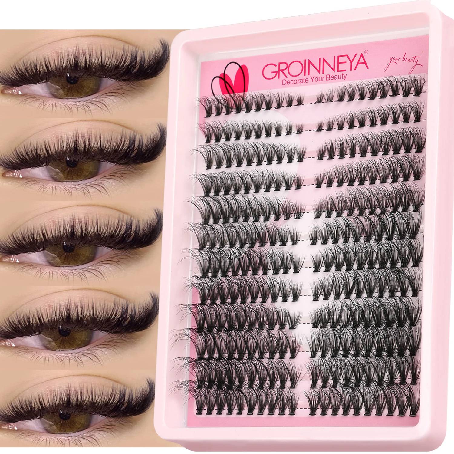 GROINNEYA 3D Wispy Cat Eyelash Clusters - DIY Individual Volume Fluffy Extensions, Natural Look, 9 Lengths (7-15mm), Comfortable Cotton Band, Long-Lasting Imported Fiber for All Occasions - Image 6