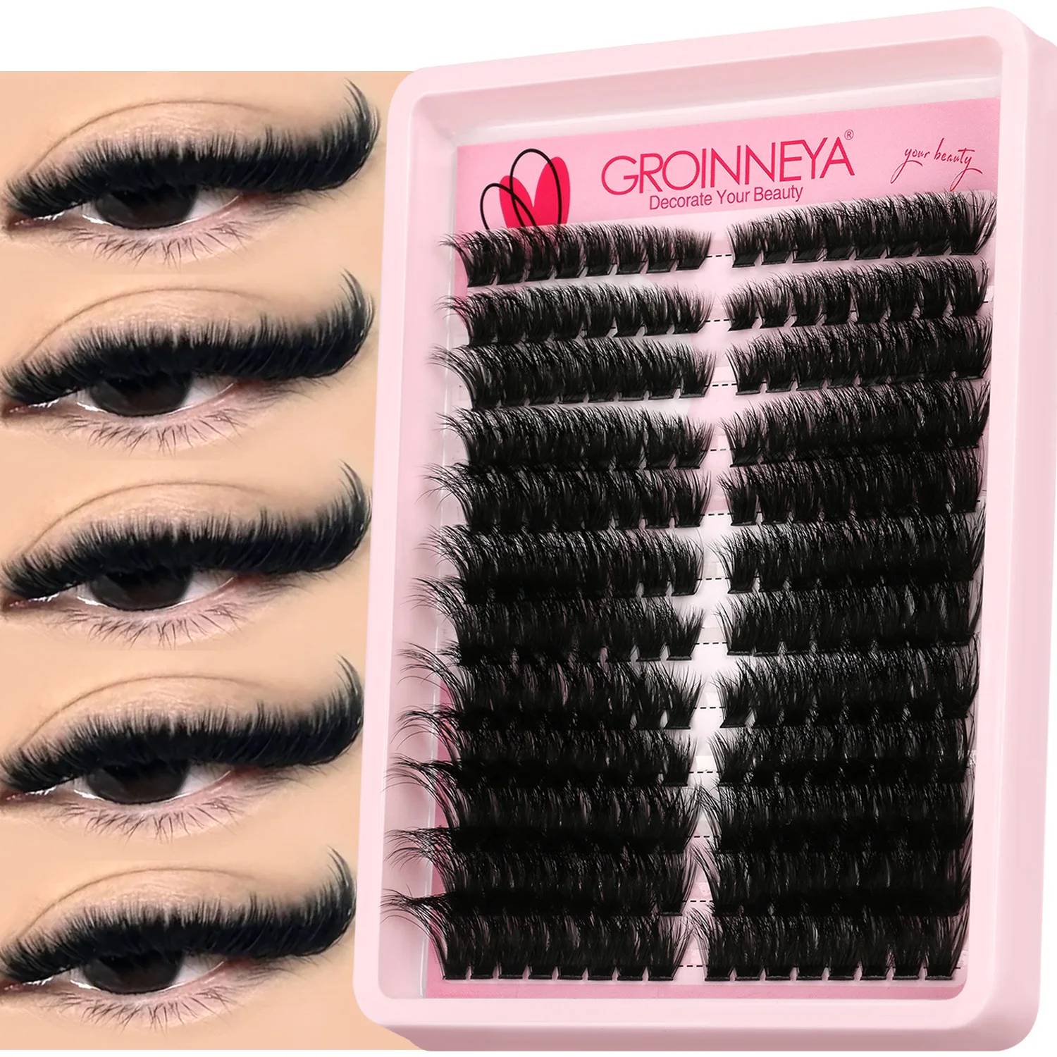 GROINNEYA 3D Wispy Cat Eyelash Clusters - DIY Individual Volume Fluffy Extensions, Natural Look, 9 Lengths (7-15mm), Comfortable Cotton Band, Long-Lasting Imported Fiber for All Occasions - Image 1