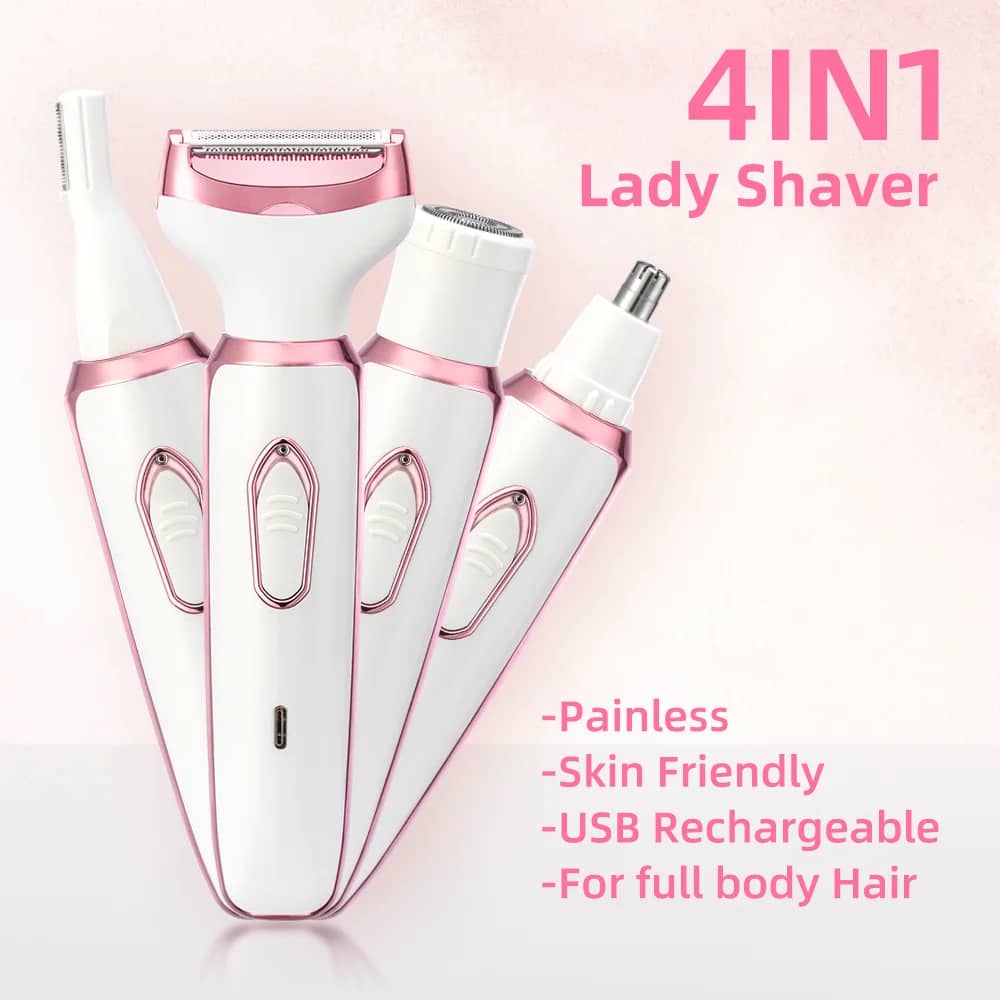 4-in-1 Electric Lady Shaver for Women - Painless Cordless Body Hair Removal Epilator with Trimmer, Eyebrow, and Nose Hair Attachments, USB Rechargeable, Perfect Gift - Image 1
