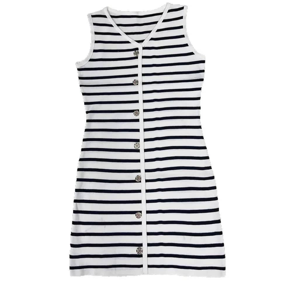 Elegant V-Neck Sleeveless Knitted Mini Dress for Women - Slim Fit Stripe Design, Summer Fashion, Casual Party Wear - Image 5