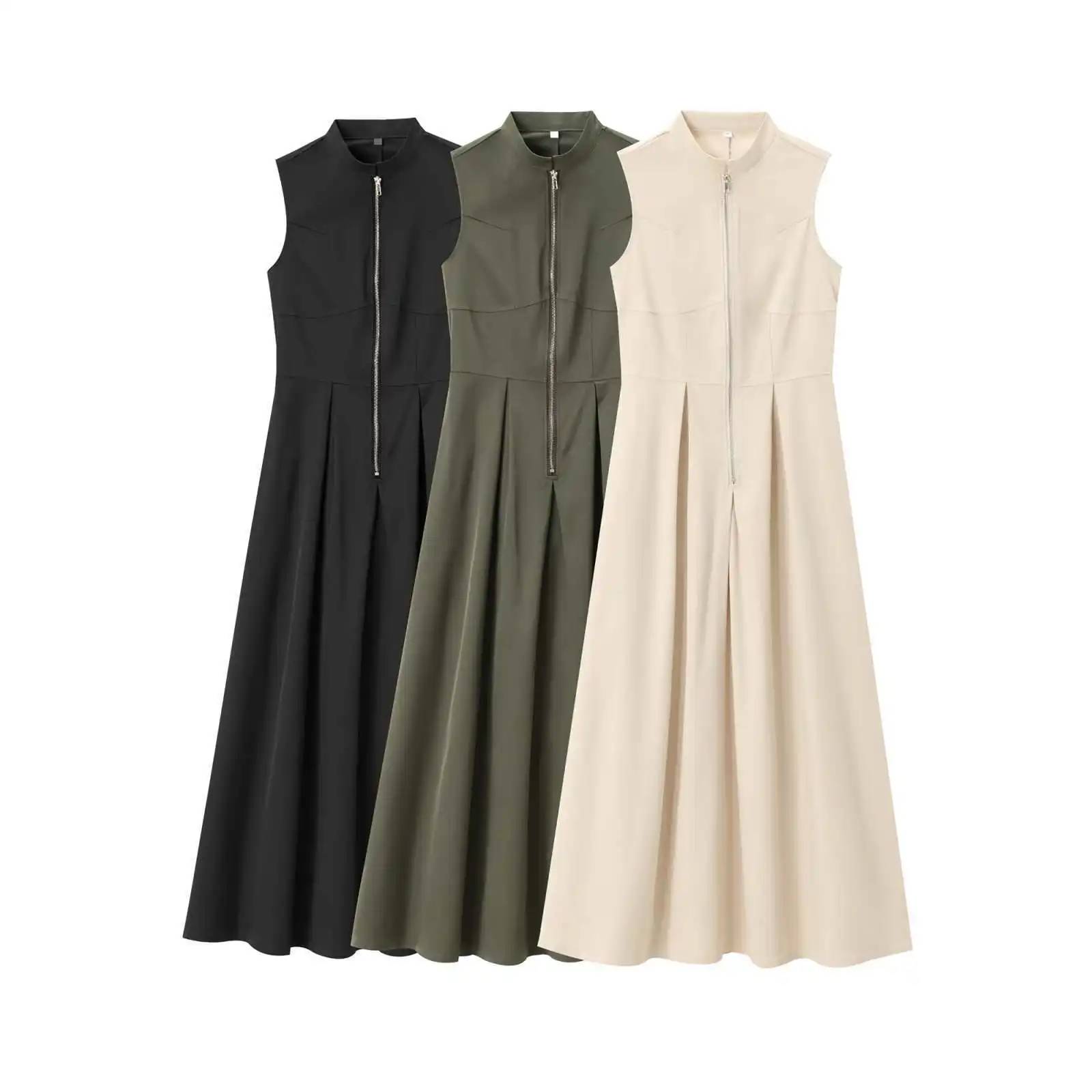 Elegant French Style Sleeveless Midi Dress for Women, Round Neck, Cinched Waist, A-Line Silhouette, Polyester Fabric, Street Trend Design - Image 5