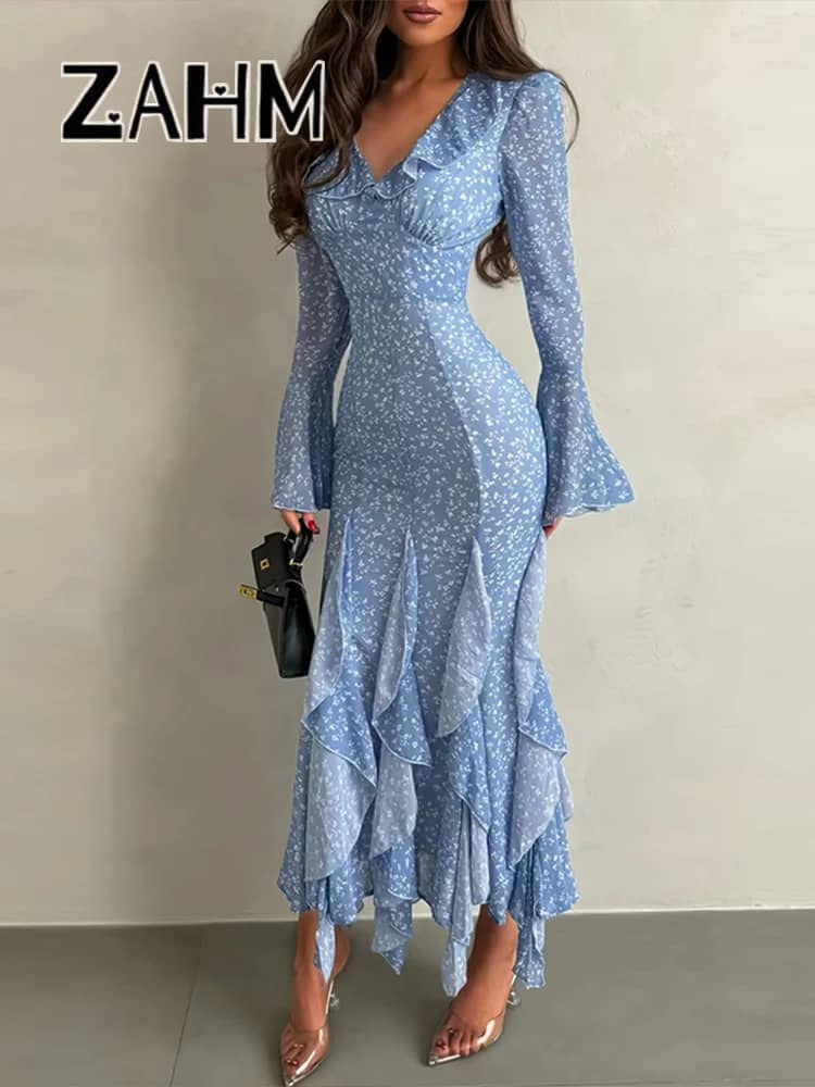 Chic Printed V-Neck Ruffle Bell Sleeve Maxi Dress for Women - Elegant Slim Fit Summer Vacation Robe - Image 3