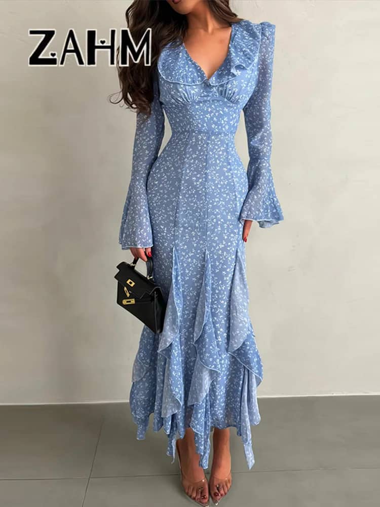 Chic Printed V-Neck Ruffle Bell Sleeve Maxi Dress for Women - Elegant Slim Fit Summer Vacation Robe - Image 4
