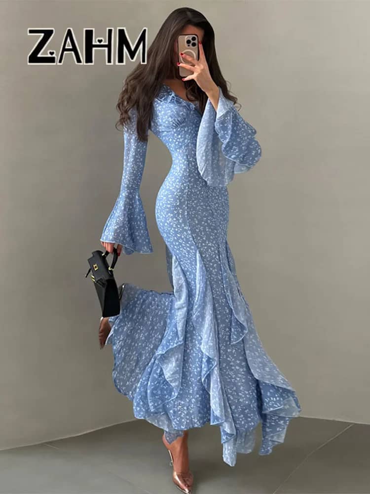 Chic Printed V-Neck Ruffle Bell Sleeve Maxi Dress for Women - Elegant Slim Fit Summer Vacation Robe - Image 5