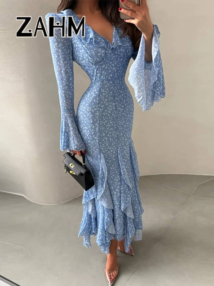 Chic Printed V-Neck Ruffle Bell Sleeve Maxi Dress for Women - Elegant Slim Fit Summer Vacation Robe - Image 6