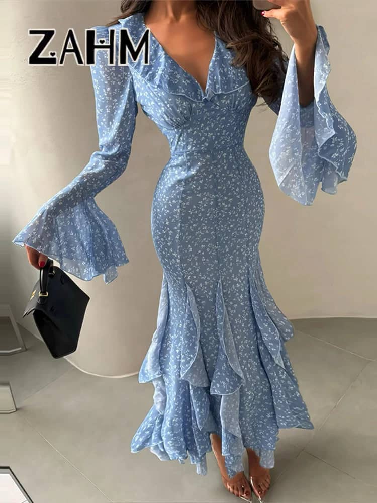 Chic Printed V-Neck Ruffle Bell Sleeve Maxi Dress for Women - Elegant Slim Fit Summer Vacation Robe - Image 2