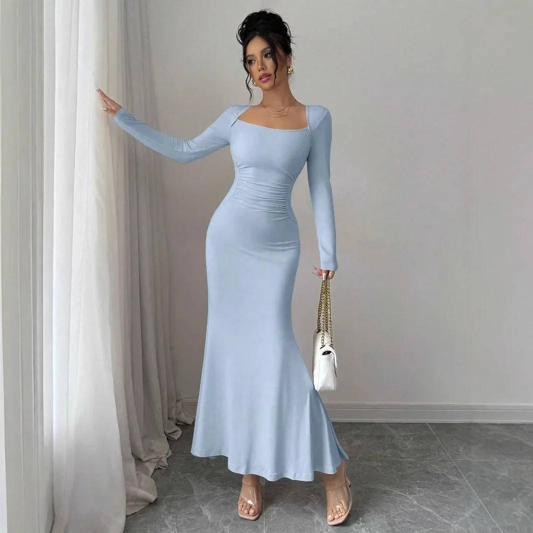 Elegant Long Sleeve Fish Tail Dress for Women - Slim Fit Sexy Ankle Gown, Quality Construction, Fashionable Square Neckline, Perfect for Special Occasions - Image 4