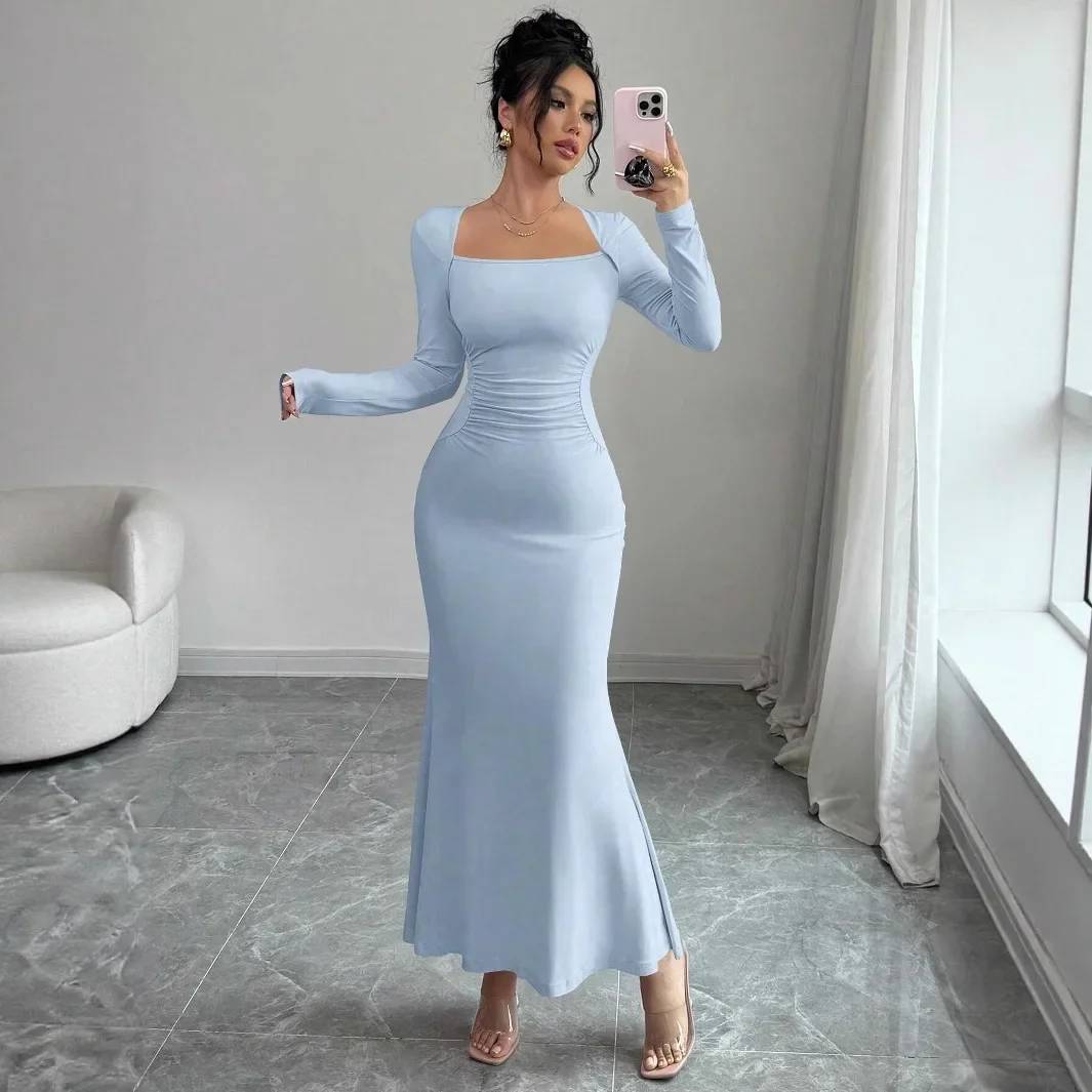 Elegant Long Sleeve Fish Tail Dress for Women - Slim Fit Sexy Ankle Gown, Quality Construction, Fashionable Square Neckline, Perfect for Special Occasions - Image 1