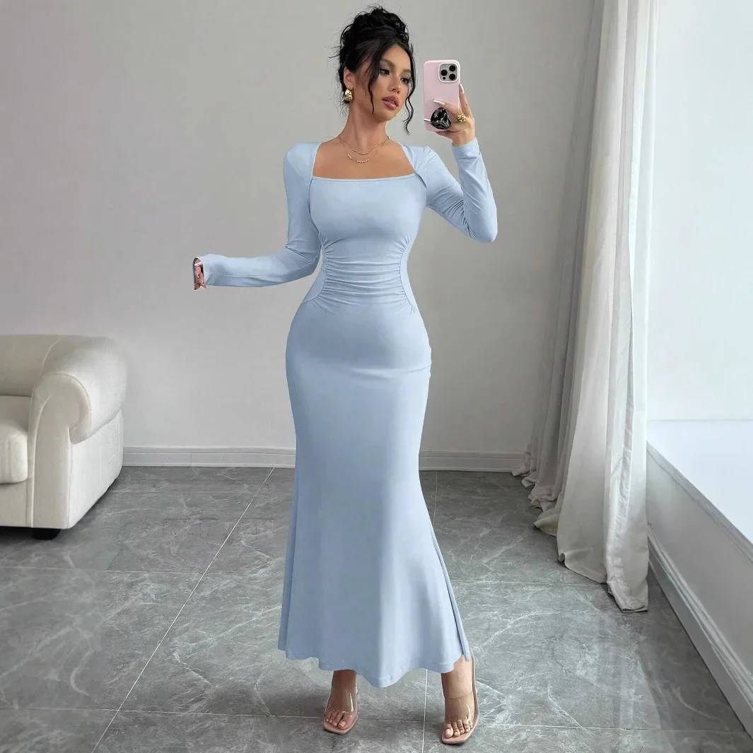 Elegant Long Sleeve Fish Tail Dress for Women - Slim Fit Sexy Ankle Gown, Quality Construction, Fashionable Square Neckline, Perfect for Special Occasions - Image 5