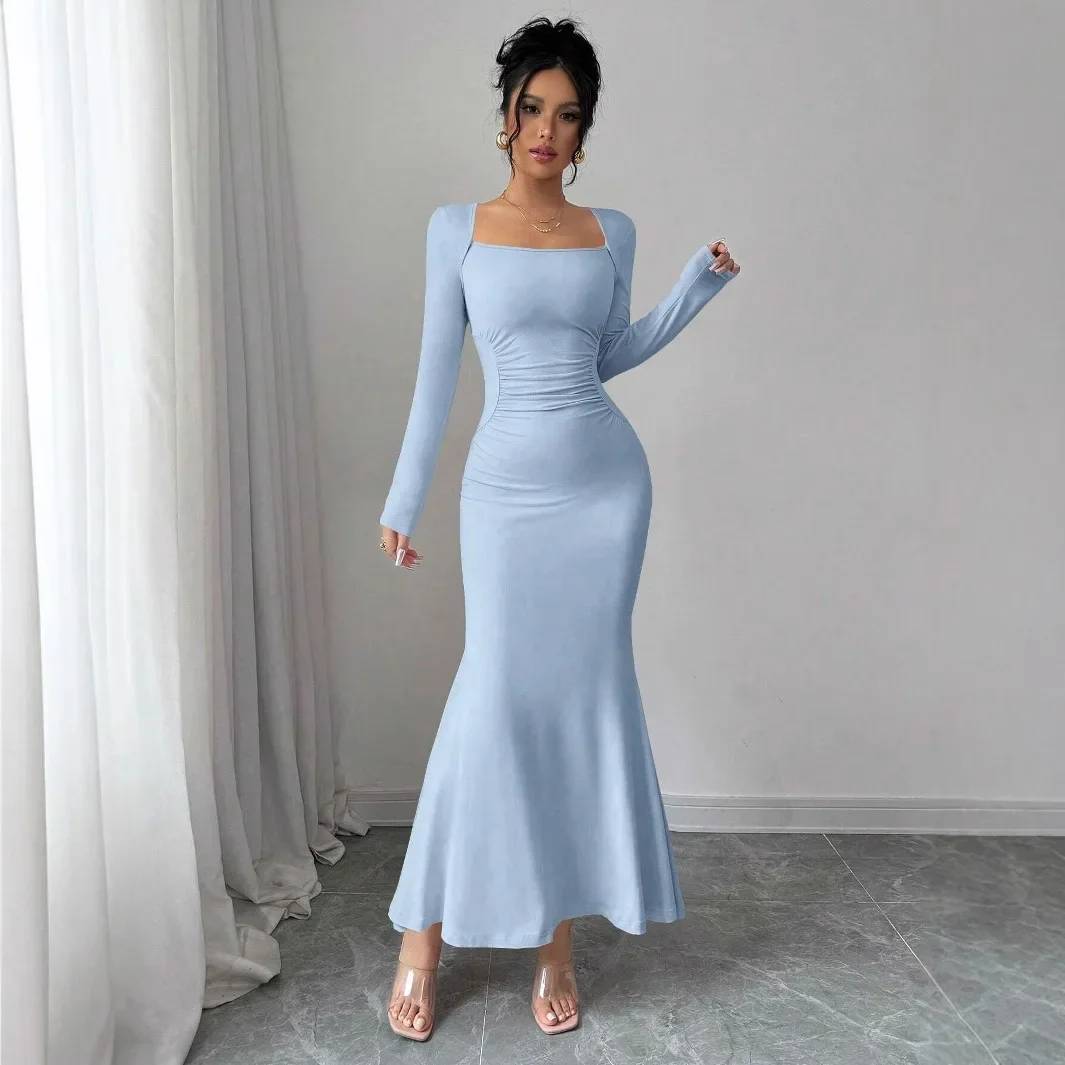 Elegant Long Sleeve Fish Tail Dress for Women - Slim Fit Sexy Ankle Gown, Quality Construction, Fashionable Square Neckline, Perfect for Special Occasions - Image 3