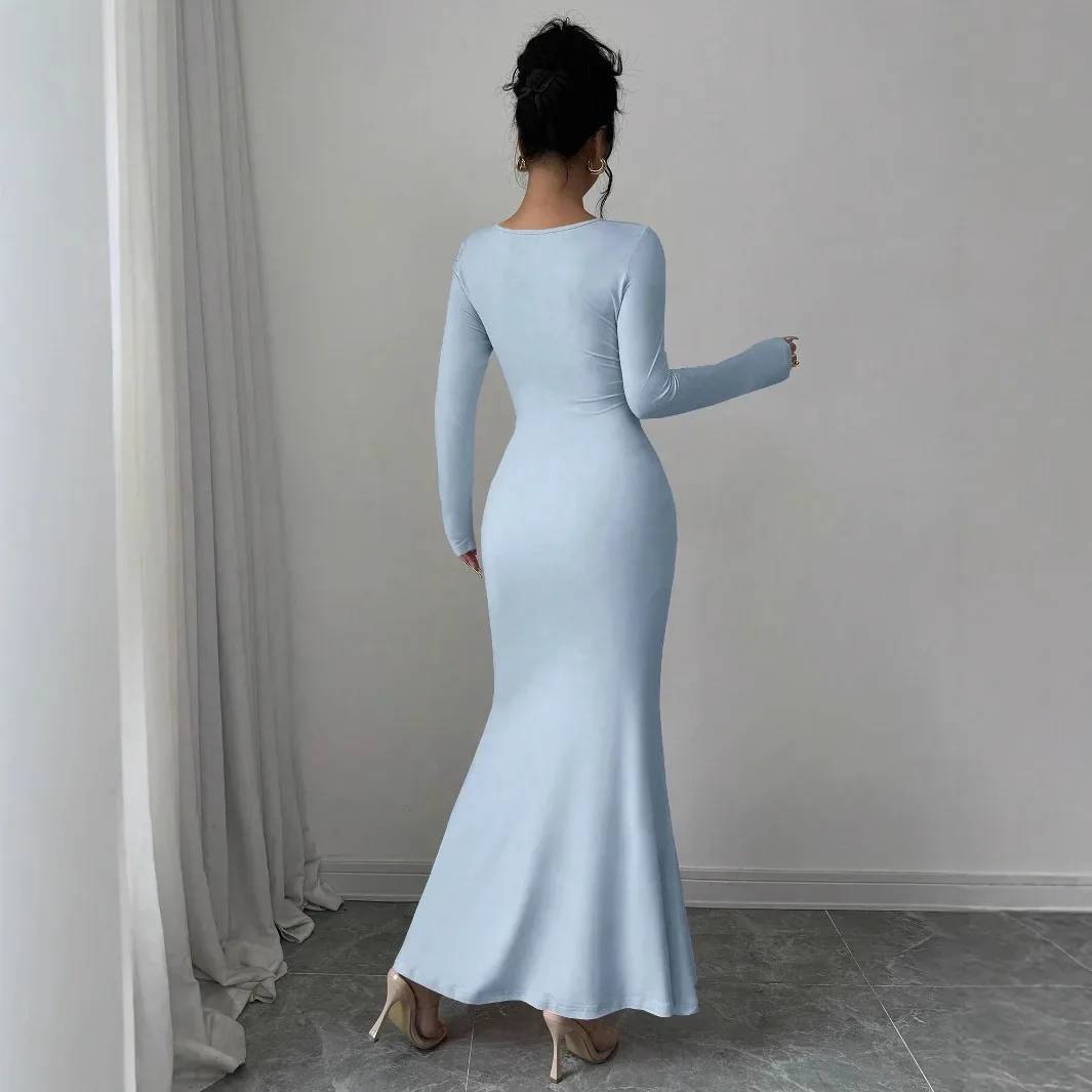 Elegant Long Sleeve Fish Tail Dress for Women - Slim Fit Sexy Ankle Gown, Quality Construction, Fashionable Square Neckline, Perfect for Special Occasions - Image 2