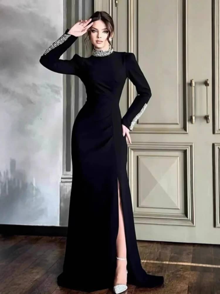 Women's Elegant Sequins Evening Dress - Luxurious Crew Neck, High Waist Split Maxi Gown for Prom, Parties, and Special Occasions - Image 3