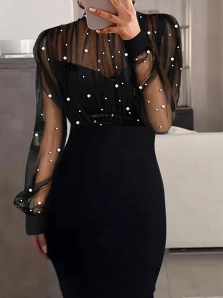 Women's Elegant Mesh Pearl Spliced Long Sleeve Slim Fit Wrap Hip Evening Dress - Sexy Y2k High Waist Sheath Vestidos for Parties & Special Occasions - Image 5