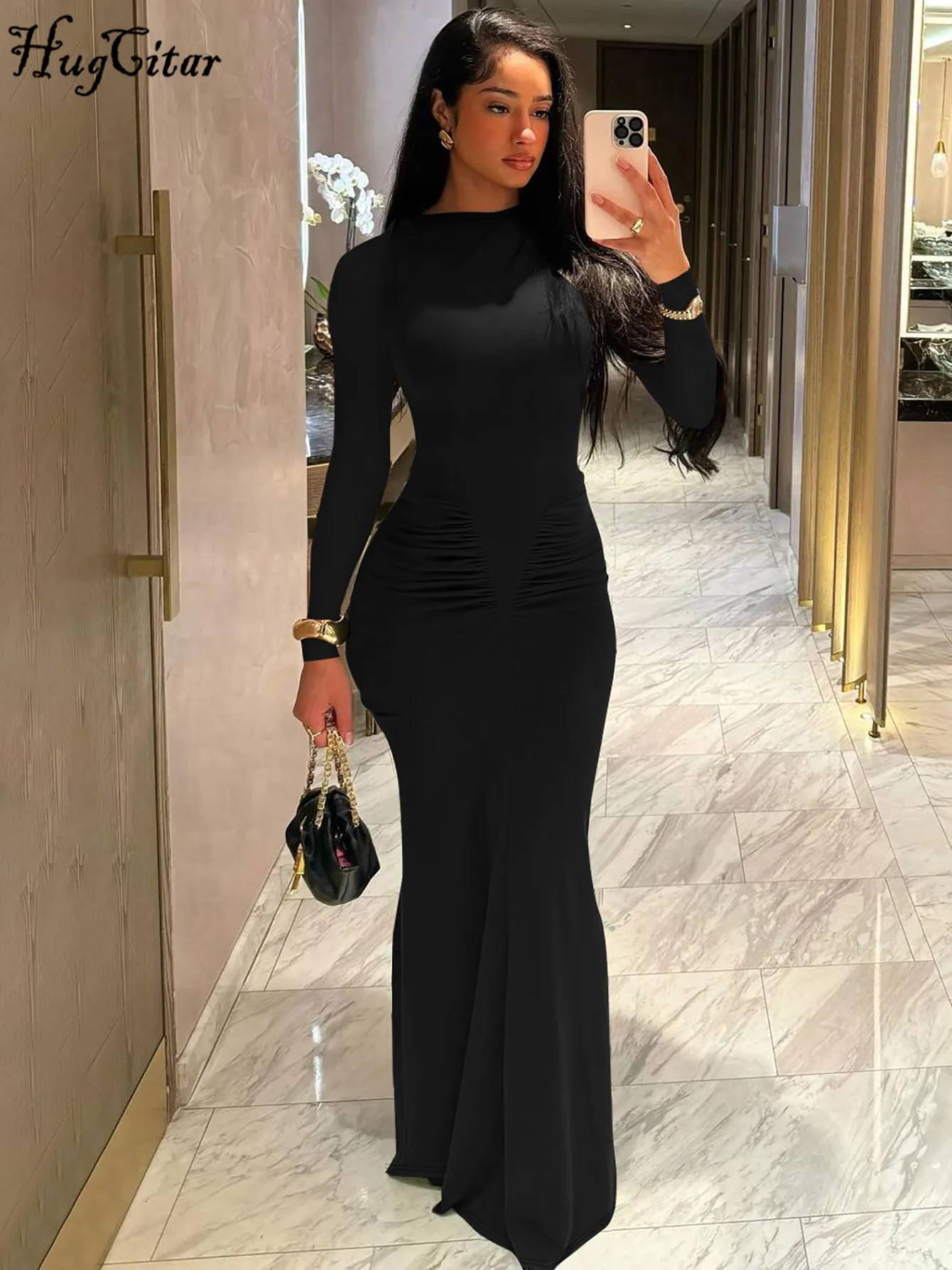 Hugcitar Women's Autumn Solid Long Sleeve Draped Bodycon Maxi Dress - Sexy Y2K Fashion for Evening Party, Festival, Club Outfits - Image 5