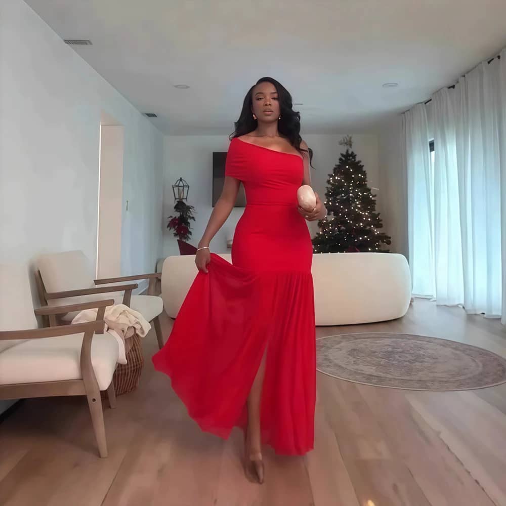 Elegant Women's Maxi Dress: Sexy Off-Shoulder One-Sleeve Mesh Slit Design for Parties, Holidays, and Club Nights - Image 2