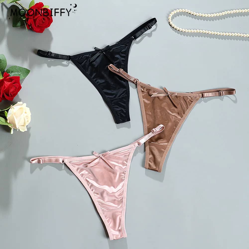 Women's Seamless Satin G-String Thong Panties with Adjustable Bow Detail - Low Rise, Comfortable Briefs for Everyday Wear - Image 1