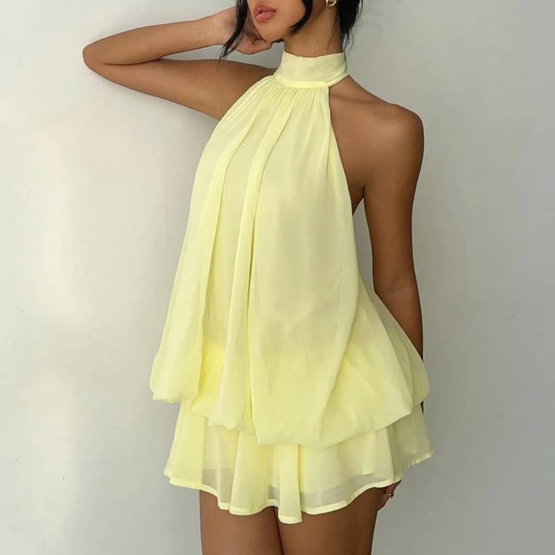 French Style Solid Color Halter Neck Mini Dress for Women - Sleeveless, Off-Shoulder, Backless A-Line Design for Beach Vacation & Parties - Image 5
