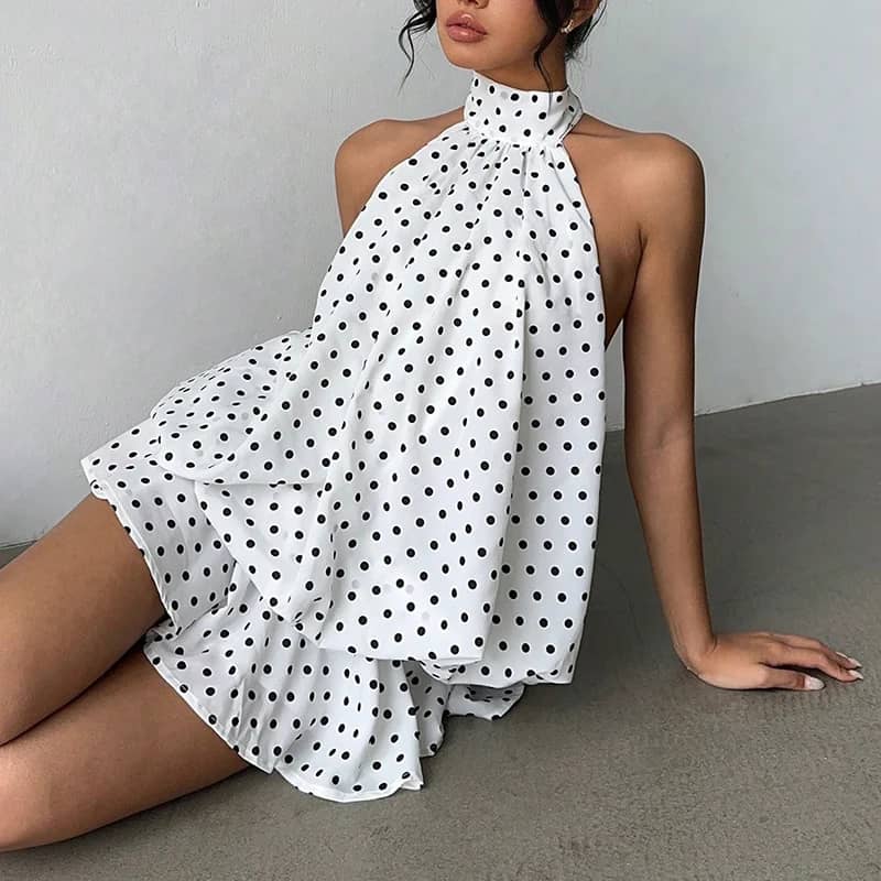 French Style Solid Color Halter Neck Mini Dress for Women - Sleeveless, Off-Shoulder, Backless A-Line Design for Beach Vacation & Parties - Image 3