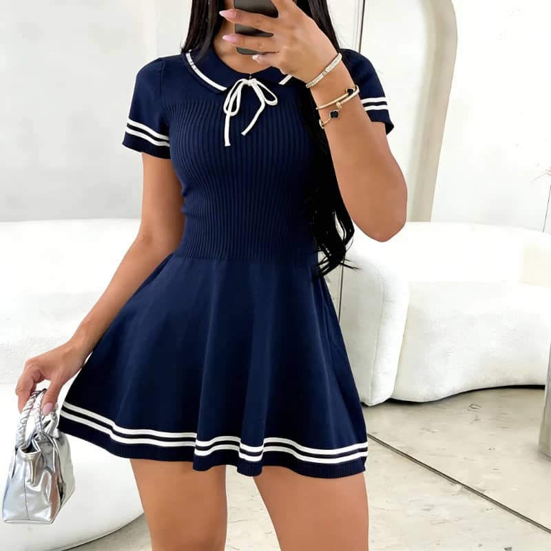 Women's White Short Sleeve Peter Pan Collar Bow Sundress - Striped Hem A-Line Mini Dress, Stretchy Ribbed Knit Casual Party Wear - Image 3