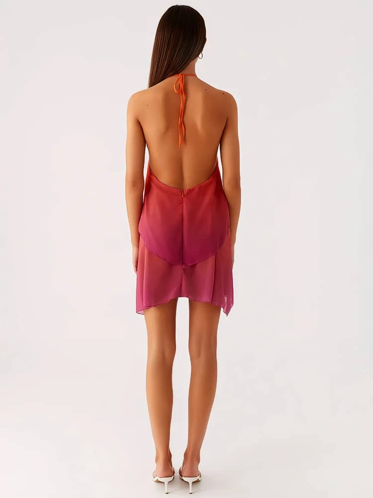 Mozision Women's Gradient Halter Backless Mini Dress - Sexy Mesh Zipper Off-Shoulder Sleeveless Club Party Gown - Image 5