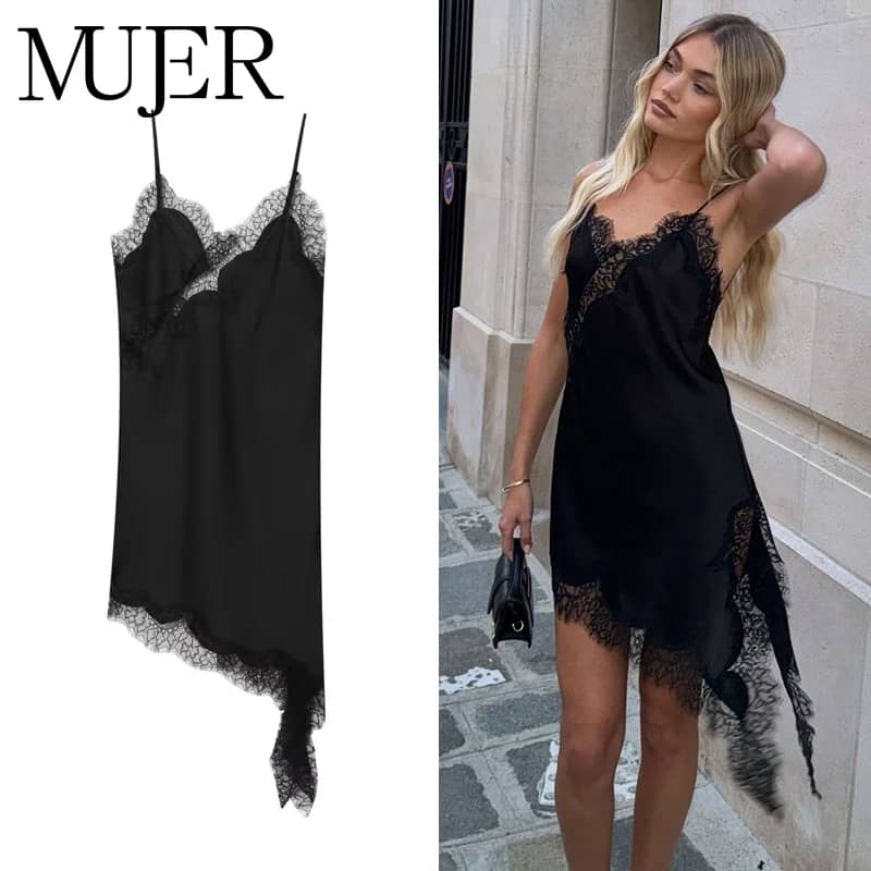 Women's Black Lace Slip Dress 2025 - Backless Asymmetric Party Dress, Satin Sexy Summer Mini Dress for Women - Image 1