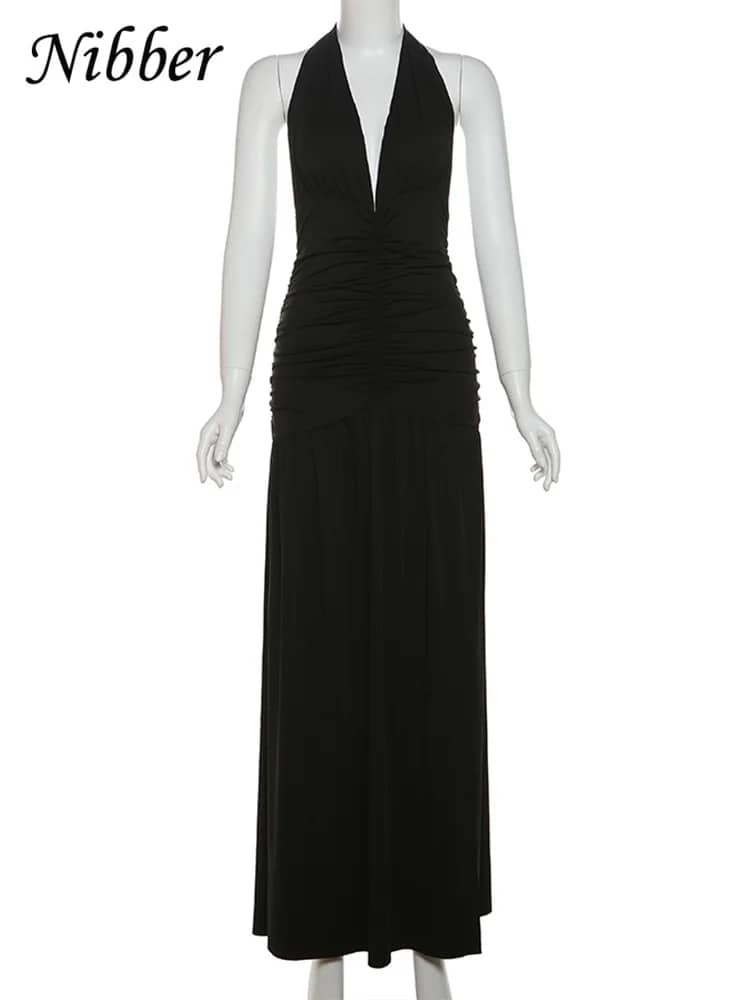 Nibber Elegant Women's Long Dress Solid Color Halter V-Neck Backless Shirring Side Split Vestidos Female High Street New Robe for Parties and Evening Events - Image 6