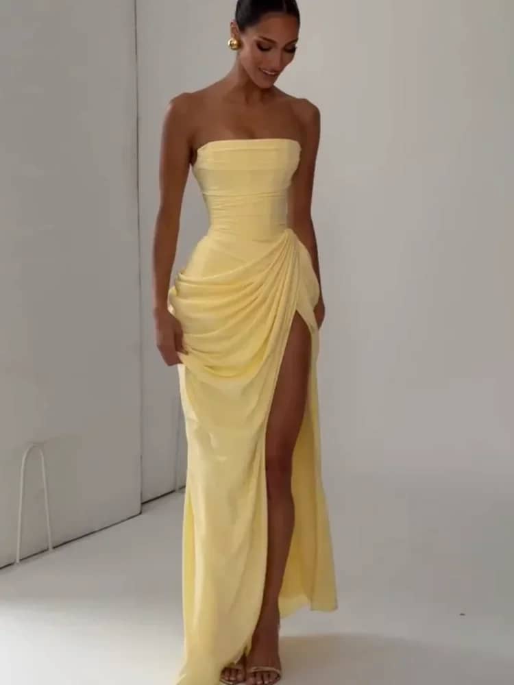 Women's Sexy Solid Pleated Strapless Off-Shoulder Backless High Waist Split Evening Party Gown Dress - Image 3