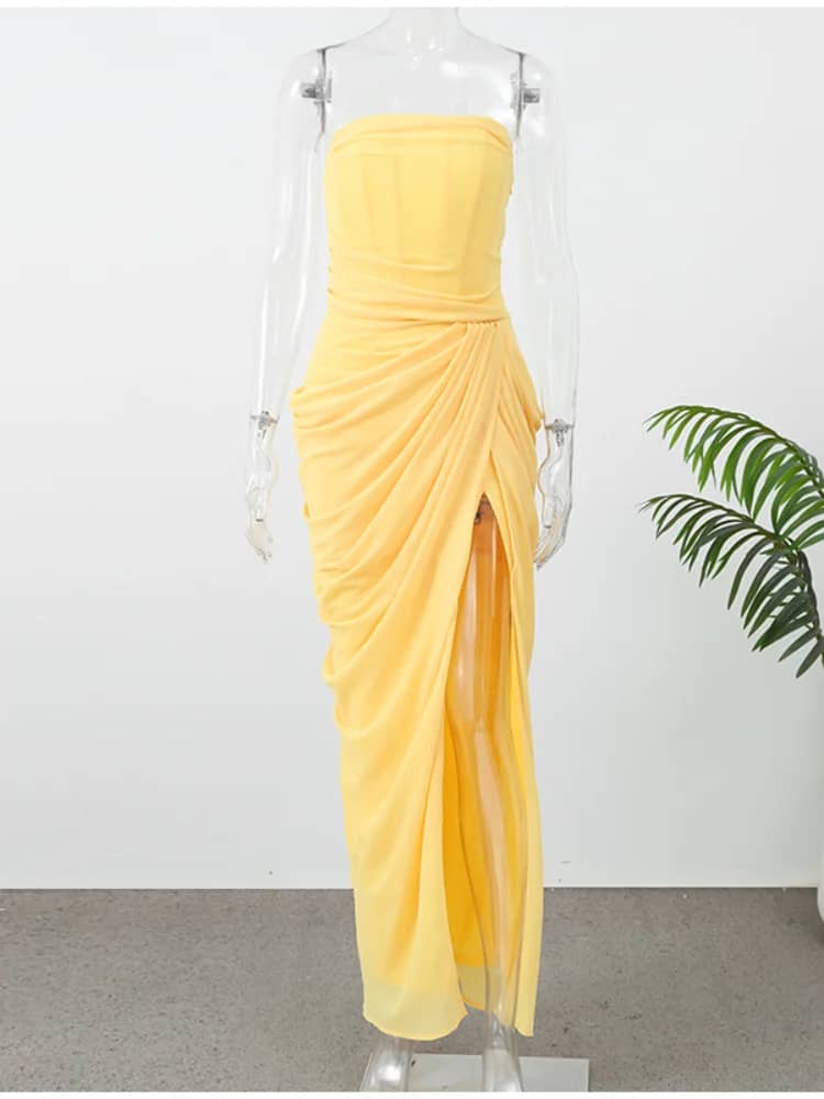 Women's Sexy Solid Pleated Strapless Off-Shoulder Backless High Waist Split Evening Party Gown Dress - Image 5