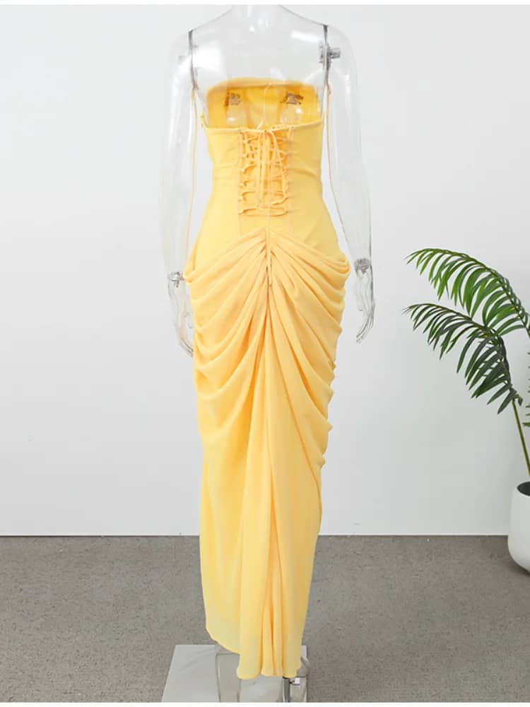 Women's Sexy Solid Pleated Strapless Off-Shoulder Backless High Waist Split Evening Party Gown Dress - Image 6