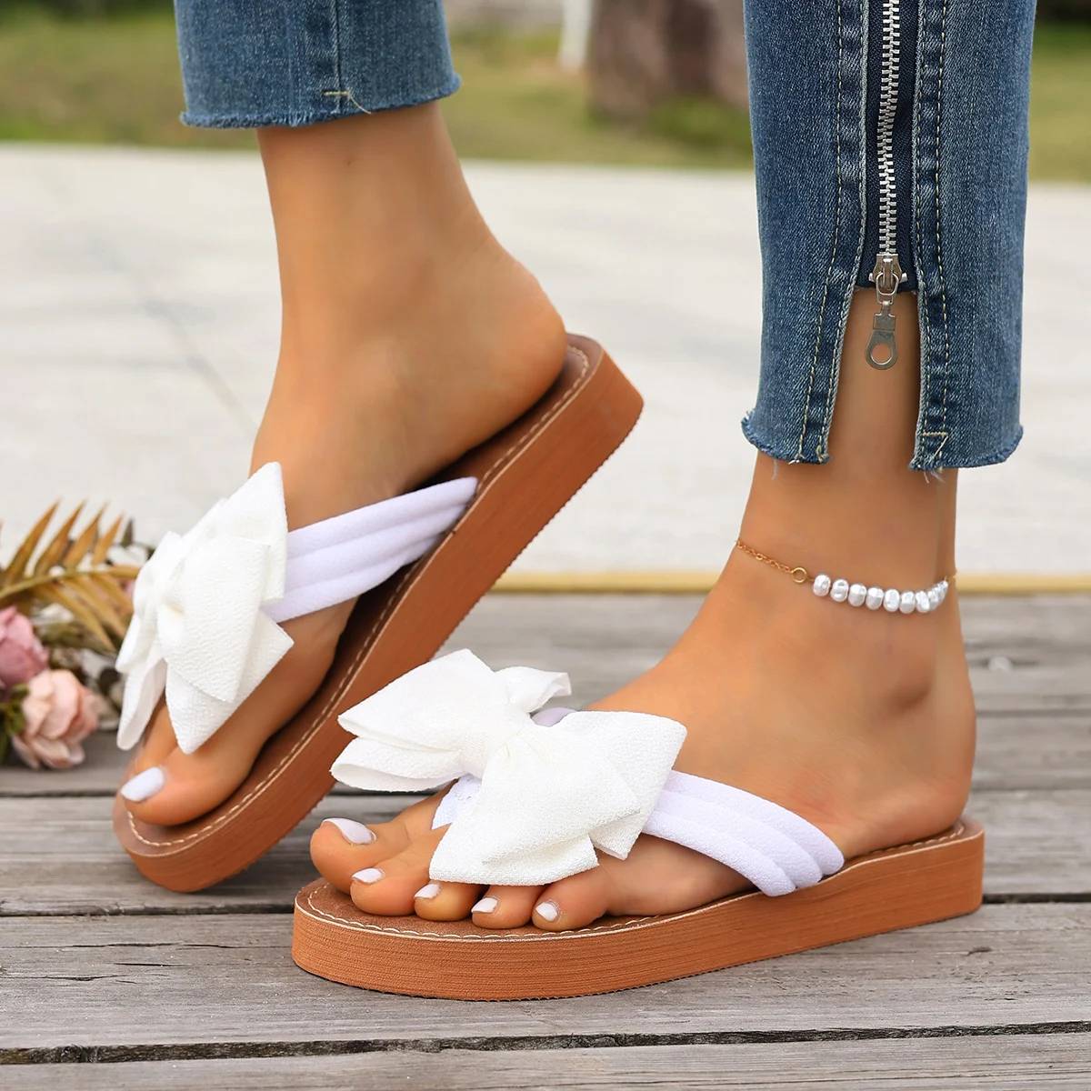 Summer Women's Fashion Bow Sandals Slides - Comfortable Flat Shoes for Casual Wear & Beach - Plus Size Available - Image 5