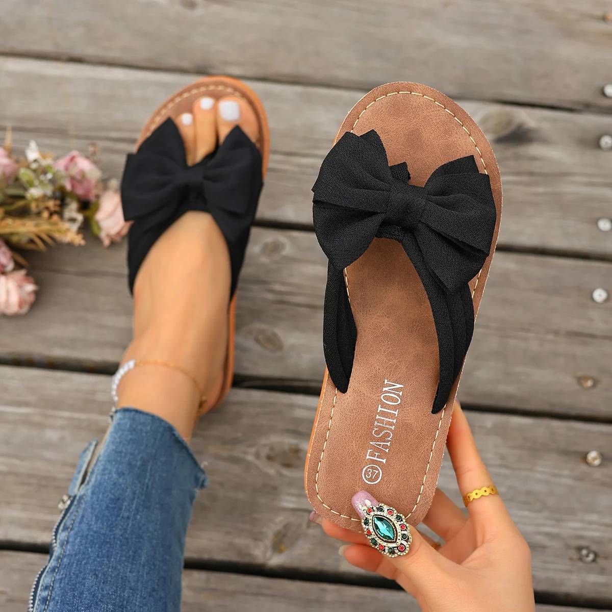 Summer Women's Fashion Bow Sandals Slides - Comfortable Flat Shoes for Casual Wear & Beach - Plus Size Available - Image 2
