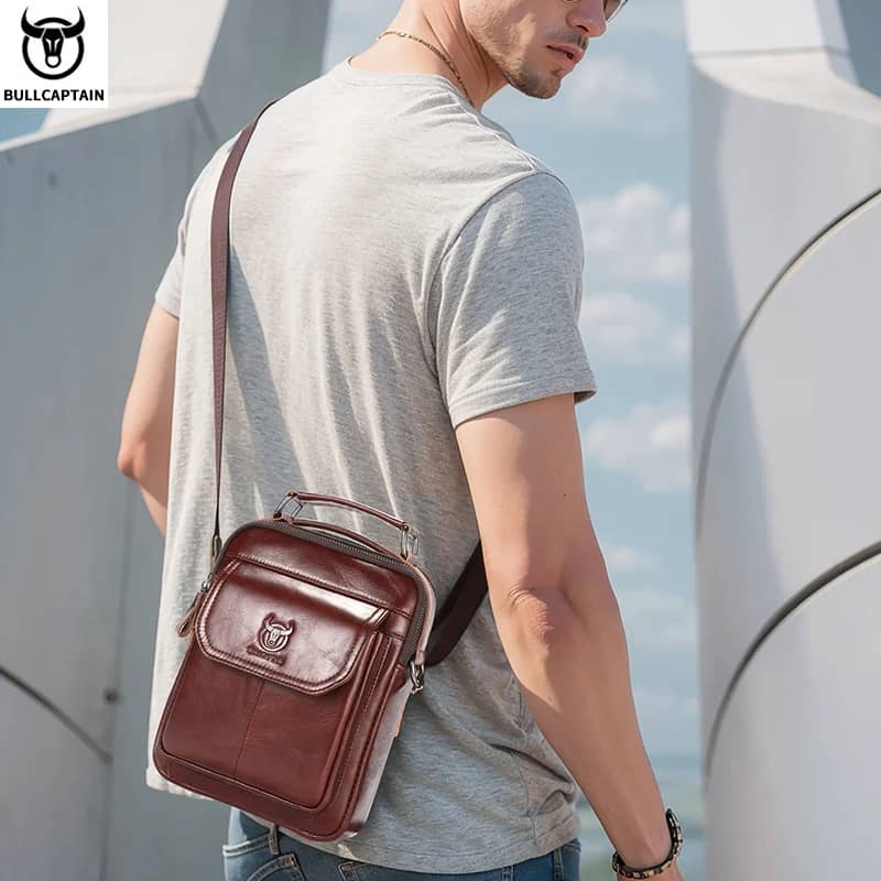BULLCAPTAIN Men's Genuine Leather Shoulder Bag, Retro Casual Crossbody Messenger Bag, Multifunctional 7.9-inch Tablet Handbag, Durable Cowhide for Daily Use - Image 5
