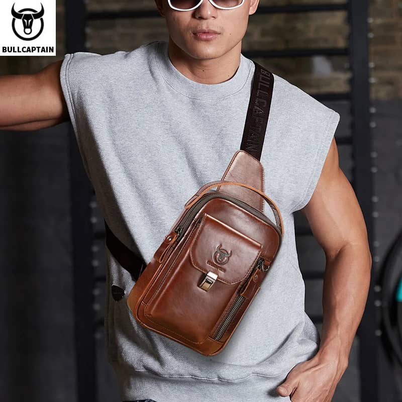 BULLCAPTAIN Men's Genuine Leather Chest Bag - Casual Retro Crossbody Sling Pack for 7.9" Phone, Anti-Theft Design, Ideal for Travel and Daily Use - Image 5