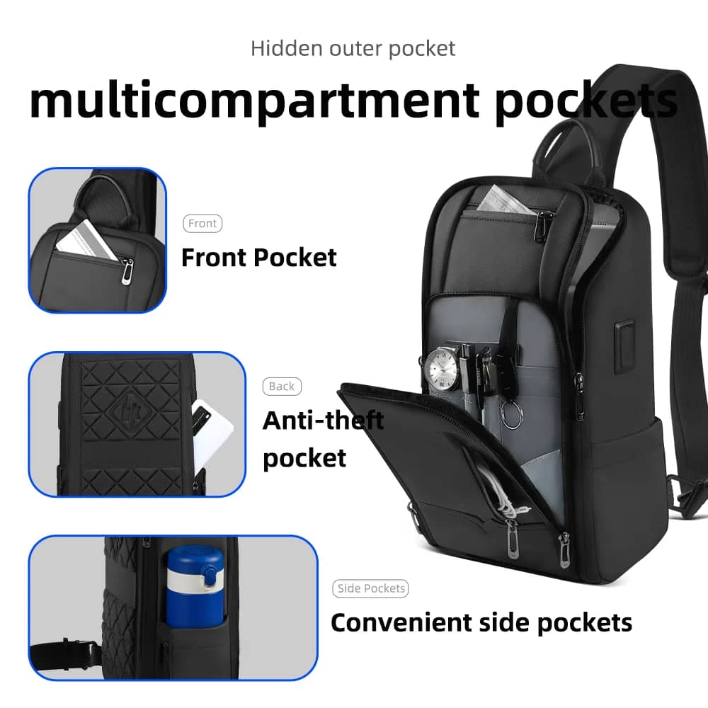 HcanKcan Men's Fashion Crossbody Bag - Waterproof USB Shoulder Sling Chest Pack for Travel & Sport, Fits 9.7" iPad - Image 3