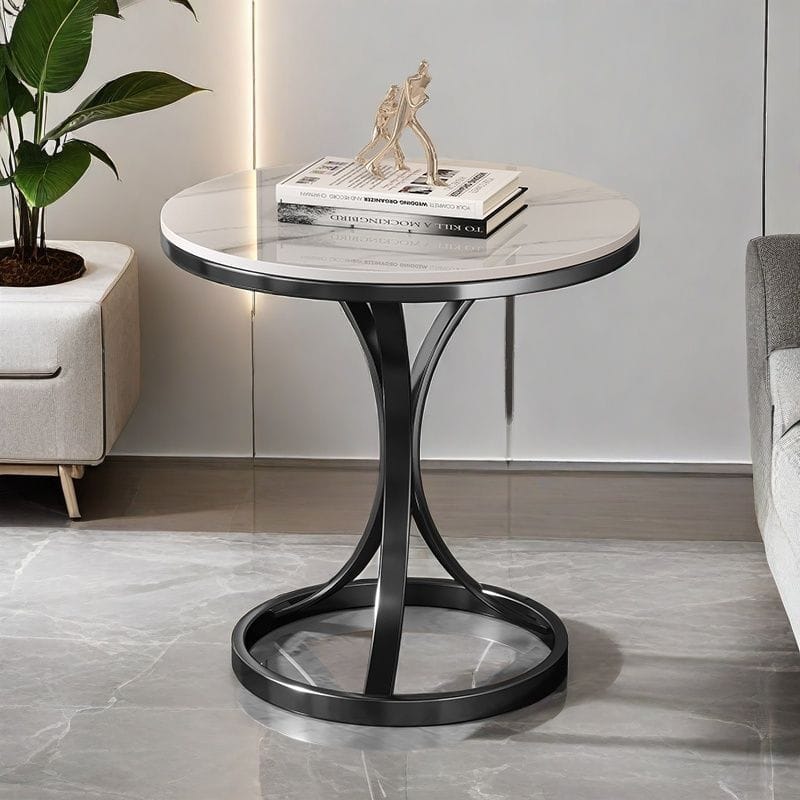 Modern Minimalist Round Coffee Table - Light Luxury Slate Sofa Side Table for Balcony, Living Room, Small Spaces - Movable Accent Table