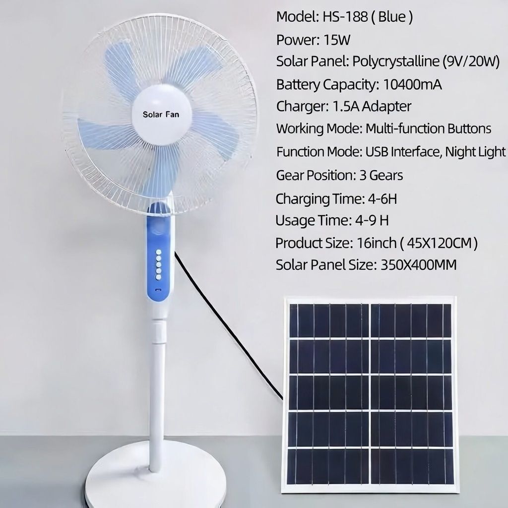 16-Inch Rechargeable Solar Fan – Dual Power (Plug-in & Battery) Quiet High-Speed Table Fan for Outdoor, Dorm & Stall Use