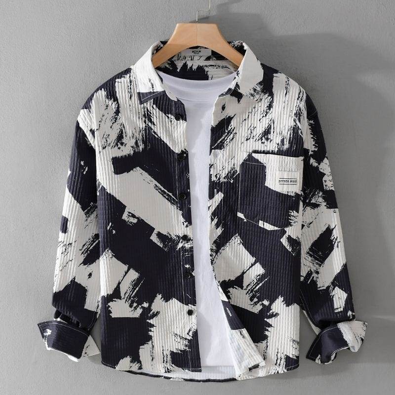Men's Black and White Abstract Brushstroke Print Long Sleeve Corduroy Shirt Streetwear Fashion Button Down Casual Lightweight Layering Jacket