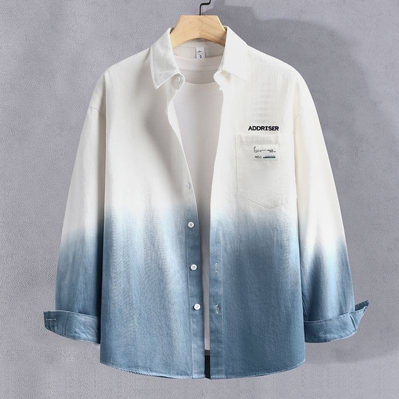 Men's Casual White and Blue Ombre Gradient Long Sleeve Button Down Shirt with Chest Pocket