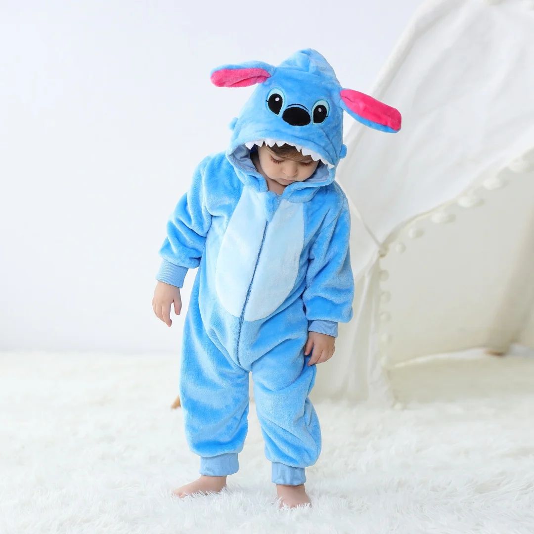 Baby Stitch Kigurumi Romper - Cute Cartoon Animal Jumpsuit for Infants & Toddlers, Long Sleeve Cosplay Pyjamas for Girls and Boys, Ideal for Spring, Fall, Winter