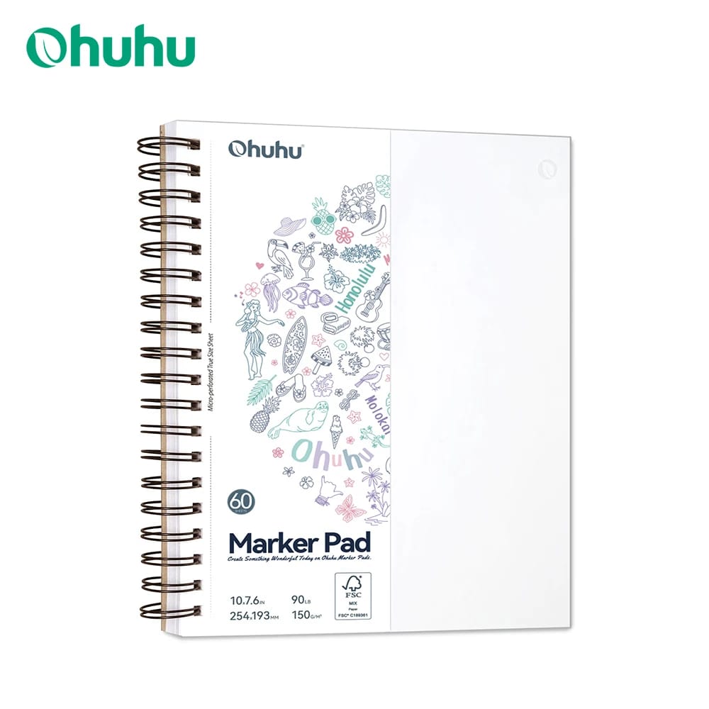 Ohuhu Double-Sided Bleedproof Marker Pad Sketchbook, 150GSM Spiral Bound Art Drawing Notebook for Alcohol Markers, 120 Pages, DIY Cover, Portable for Artists & Students