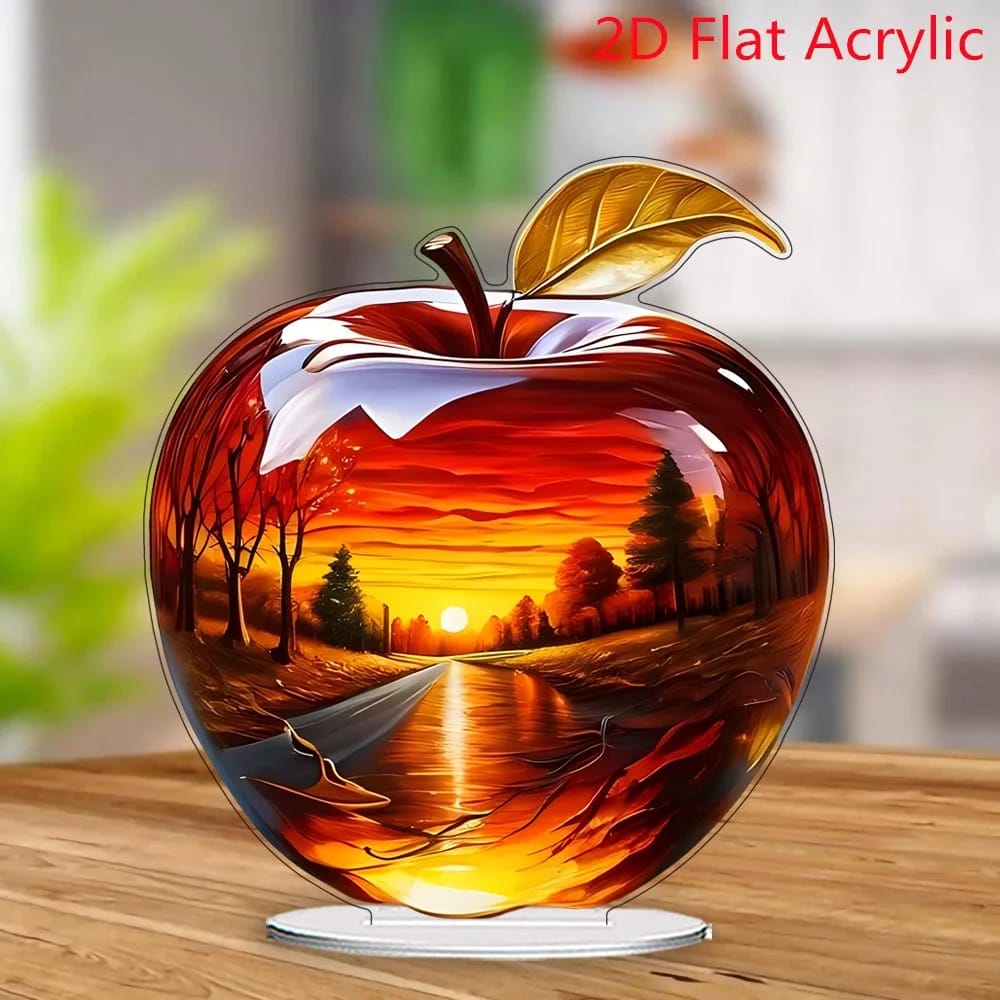 Acrylic 2D Apple Cherry Blossom Tree Ocean Scene Desktop Ornament, Creative Pattern Decor Crafts for Home Bookshelf Decoration, Unique Gift