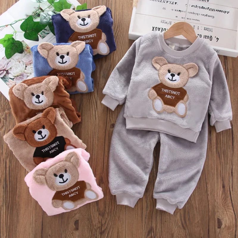 Winter Baby Girls Boys Flannel Fleece Homewear Sets, Cartoon Bear Pajamas for Kids, Autumn Fashion Sleepwear for Children