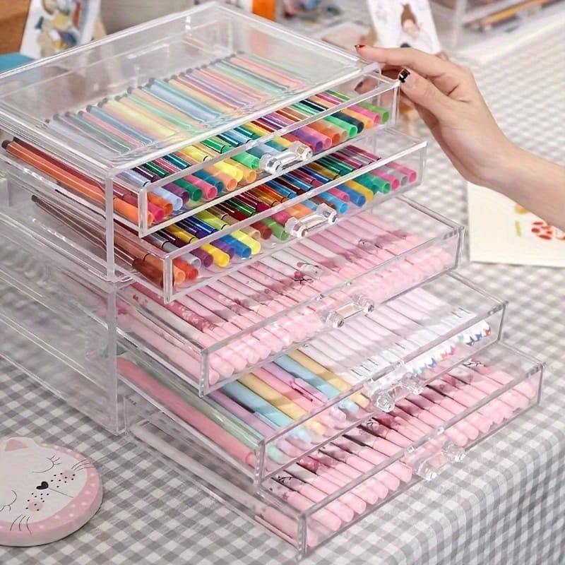 3/5 Layer Clear Acrylic Drawer Organizer for Desk, Large Transparent Desktop Storage Box with Pencil Holder, Home Office Accessories Display Caddy