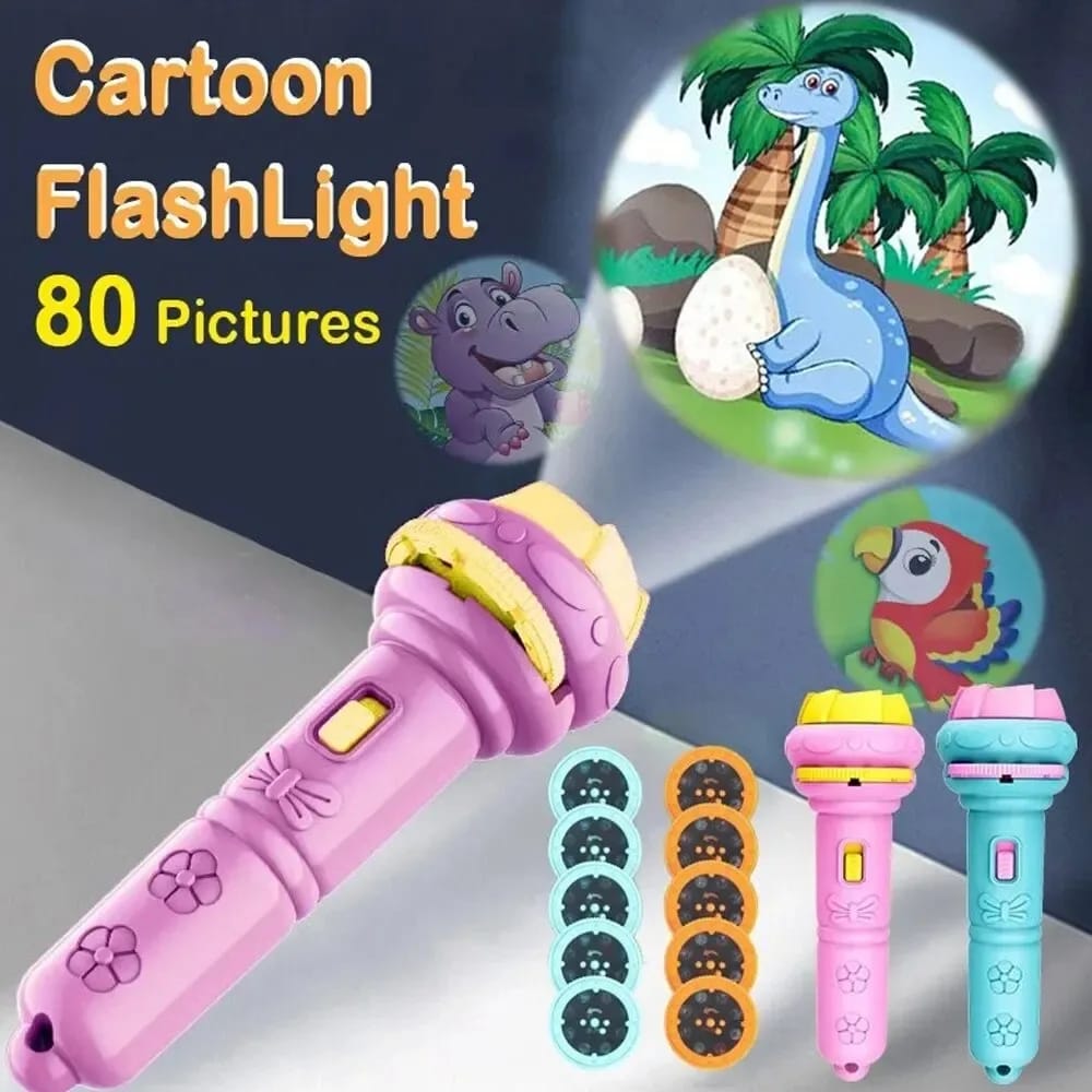 80 Patterns Cartoon Projection Flashlight Toy for Kids 3-6 Years Old, Creative Educational Science Projector with 10 Random Cards, Perfect for Bedtime Stories & Learning
