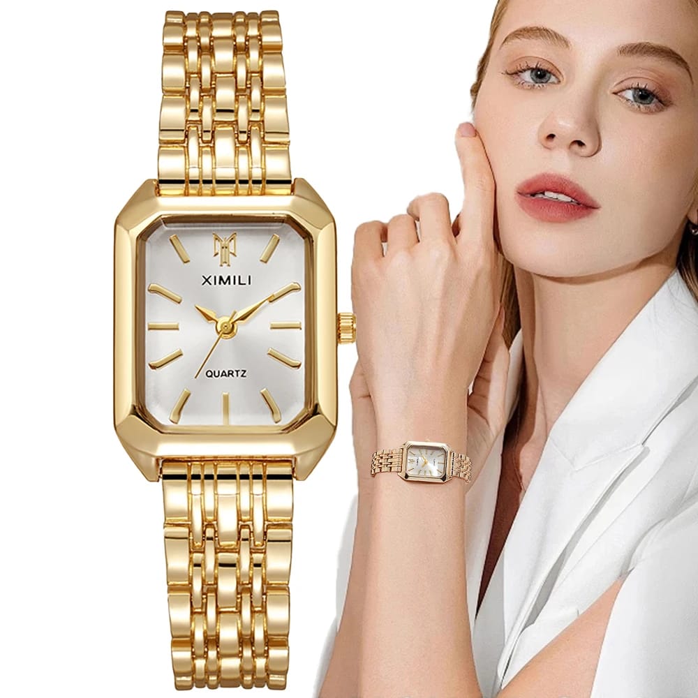 Luxury Gold Plated Stainless Steel Women's Fashion Quartz Watch - Elegant Square Dial Business Casual Style with Folding Clasp thumbnail 1