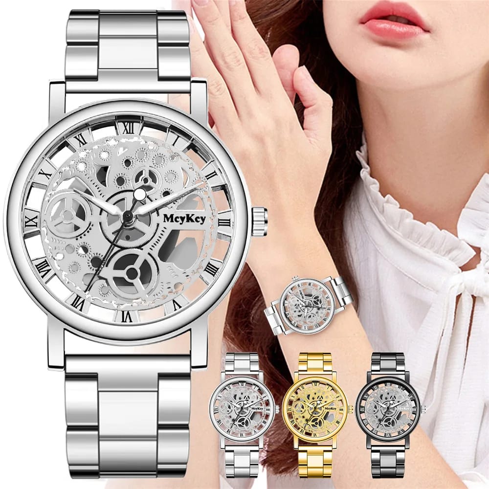Fashionable Women's Skeleton Faux Mechanical Quartz Watch with Metal Mesh Strap - Elegant Rosy Gold Design for Casual & Sporty Looks thumbnail 2