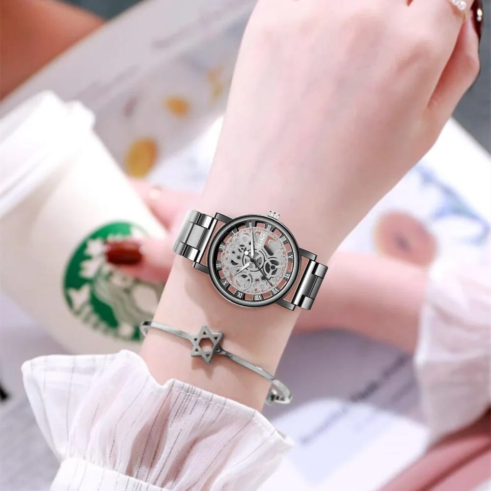 Fashionable Women's Skeleton Faux Mechanical Quartz Watch with Metal Mesh Strap - Elegant Rosy Gold Design for Casual & Sporty Looks thumbnail 5